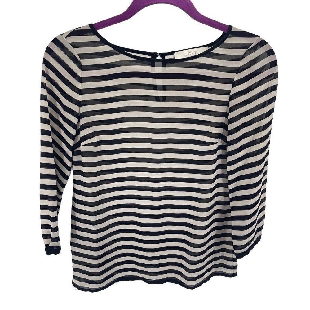 LOFT Womens Blouse Top Long Sleeve Striped Sheer Polyester Black White Size XSP